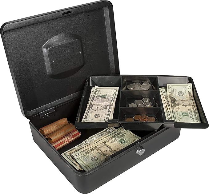 SentrySafe Black Money Saving Box with Cash Tray and Key Lock, Portable Safe Box with Carrying Handle, 0.21 Cubic Feet, 3.75 x 12 x 9.3 Inches, CB-12