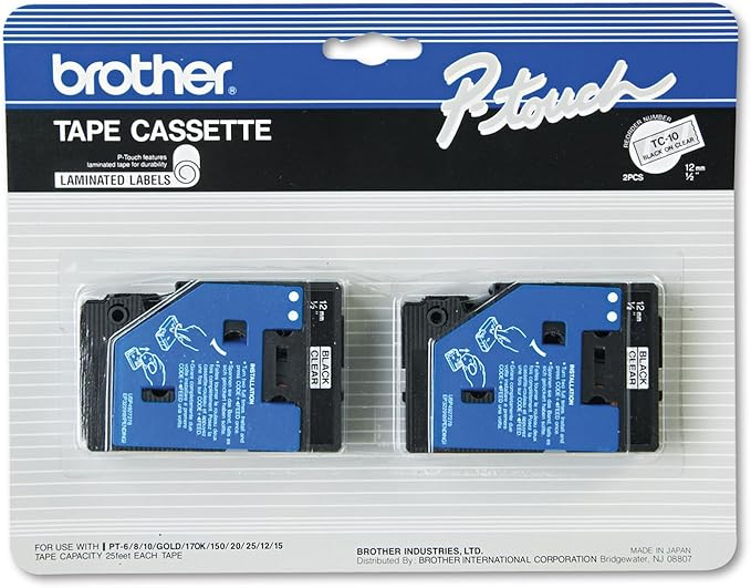 2-pack TC-10 1/2in Black On Clear Tape for Brother PT-6 8 10 12 15 20 150 170