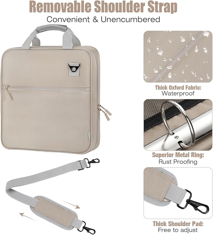 MoKo Zipper Binder, 2 Inch 3 Ring Binder with 500 Sheets Capacity & Shoulder Strap & Handle, Multi-Pocket Zipper Bag Organizer for Middle School, Light Tan