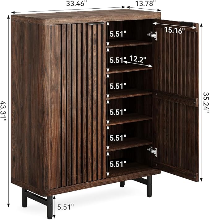 LITTLE TREE 6-Tier Shoe Cabinet with Doors for Up to 24 Pairs, Large Wooden Shoe Storage Cabinet with Adjustable Shelves, Retro Freestanding Shoe Organizer Cabinet for Entryway, Hallway, Dark Walnut
