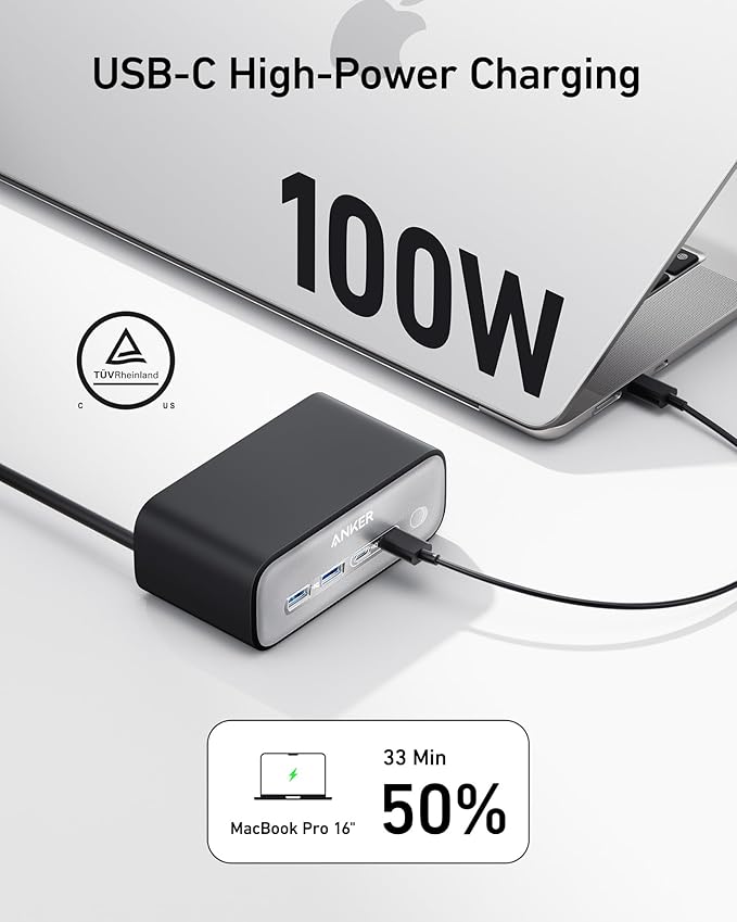 Anker Nano Charging Station(100W Max), 7-in-1 USB C Power Strip for iPhone 16/15/14 and MacBook Air/Pro, 5ft Thin Cord,3AC, 2USB A,2USB C,Power Delivery Desktop Accessory for Home&Office(Black)