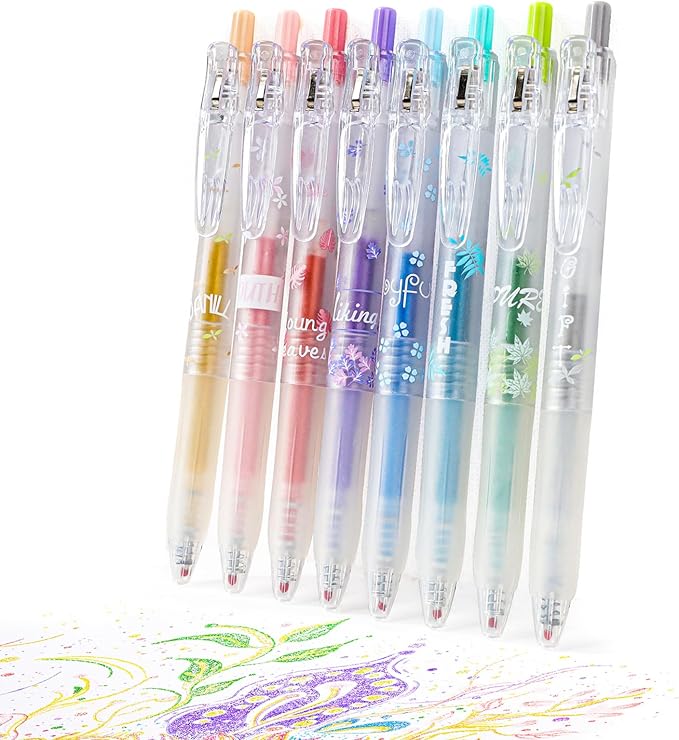 Glitter Gel Pens 8 Color Retractable Glitter Pens Set 0.7mm Colored Gel Pens for Journaling Coloring Drawing Art Supplies Planner Accessaries