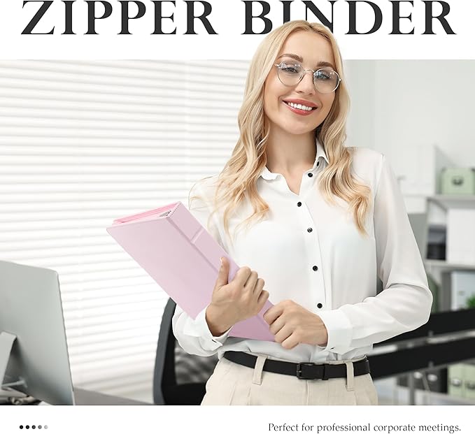 EYROZILL Zippered Leather 3 Ring Binder Organizer with Pockets – Business Portfolio Folder with Card Slots, Phone Holder, Pen Loop (Pink)