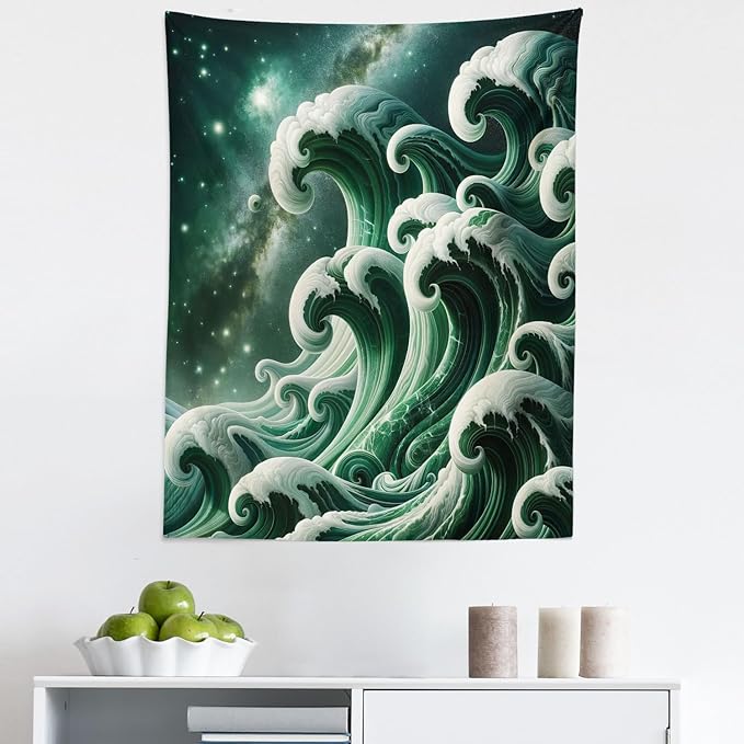 Ambesonne Green Tapestry, Bold Marble Print Ocean Waves with a Realistic Galaxy Space Starry Sky Illustration, Fabric Wall Hanging Decor for Bedroom Living Room Dorm, 23" X 28", Dark Teal
