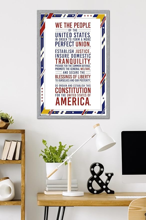 The United States Of America - Constitution Preamble Wall Poster, 34L" x 22.4W", Gray Framed Version