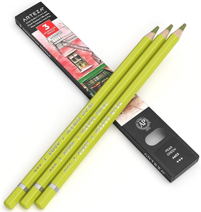Arteza Professional Watercolor Pencils, Pack of 3, A603 Pear Green, Water-Soluble Pencils for Coloring, Blending, Layering & Watercolor Techniques