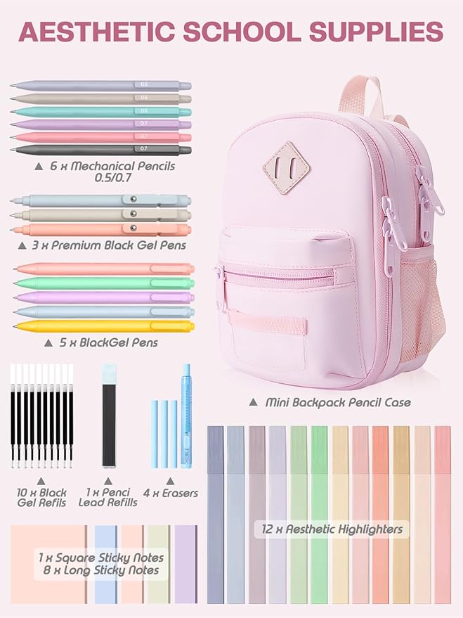 51 PCS Aesthetic School Supplies with Cute Pencil Case, 12 Pastel Highlighters, 8 Quick Dry Retractable Black Ink Pens, 6 Pastel Mechanical Pencil Student Stationary Bible Study Supplies (Pink)