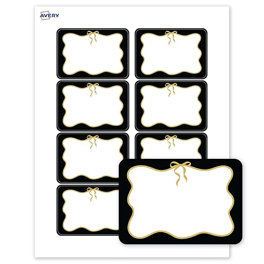 Avery Printable Adhesive Name Badges, 2-1/3" x 3-3/8", Pre-Printed Black Border with Metallic Gold Bow Design, Matte White, Laser & Inkjet Compatible, 80 Total