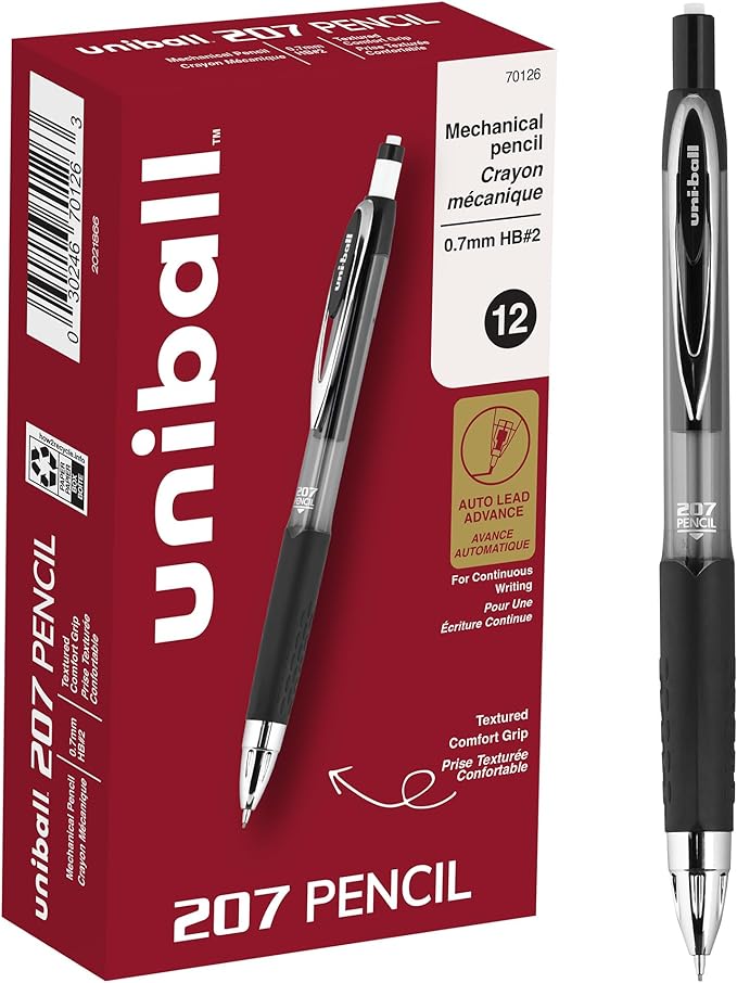 uniball 207 Mechanical Pencil, 0.7 Mm, Hb (#2), Black Lead, Black Barrel, Dozen