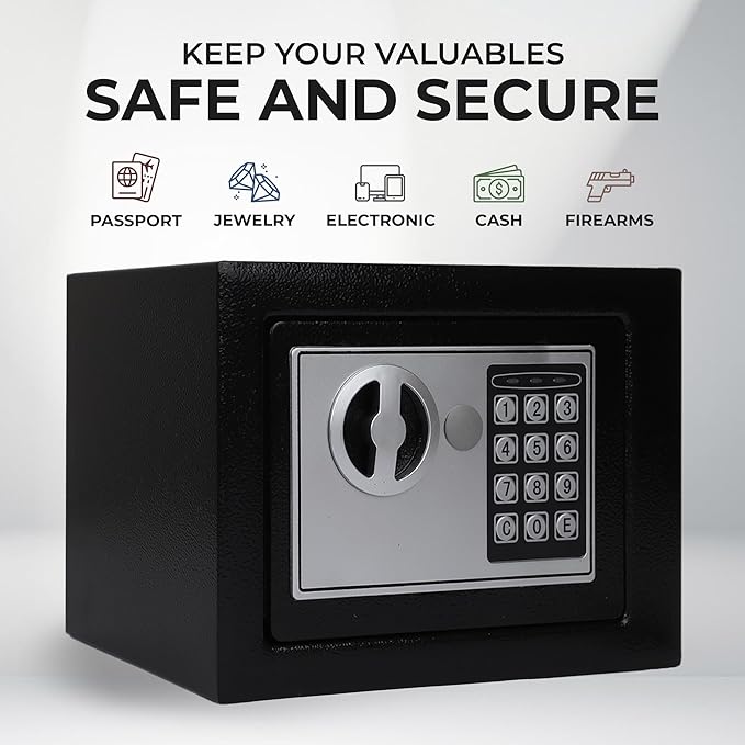 Darice Safe Box for Money – Safe with Electronic Combination Lock and Emergency Key – Cash Safe with Money Slot – Ideal for Documents, Cash, Jewelry (7.9" x 11.8" x 7.9" Black)