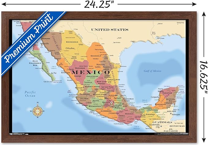 Trends International Map - Mexico Wall Poster, 14.725" x 22.375", Mahogany Framed Version