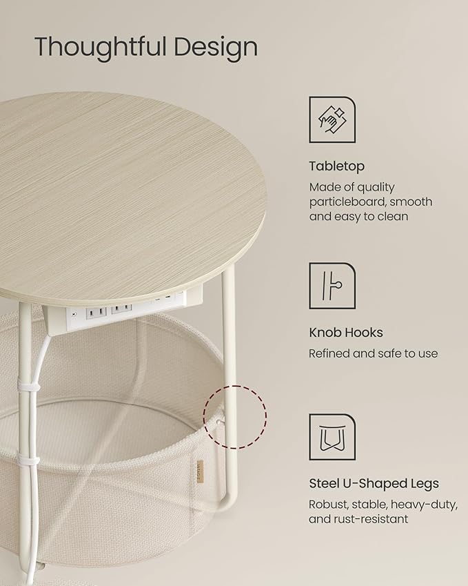 VASAGLE LILEA Collection - Side Table with Charging Station, Round End Table with Fabric Basket, Nightstand with USB Ports, for Living Room, Bedroom, Modern, Cream White ULET228N01