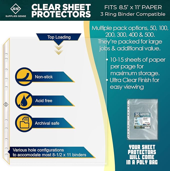 Sheet Protectors for 3 Ring Binder, 50 Pack Premium Clear Page Protector 8.5 x 11 inch, Plastic Sleeves for Binders, Top Loading Paper Sheets Document Sleeve Letter Size, Photo, Office, Home