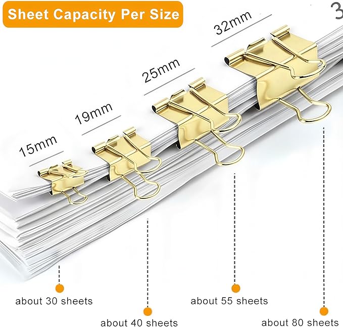130 Pack Gold Binder Clips Assorted Sizes, Large Medium Small Mini 4 Sizes Mix, Paper Clamps Metal Paper Clips Set for Office School Home Business Supplies