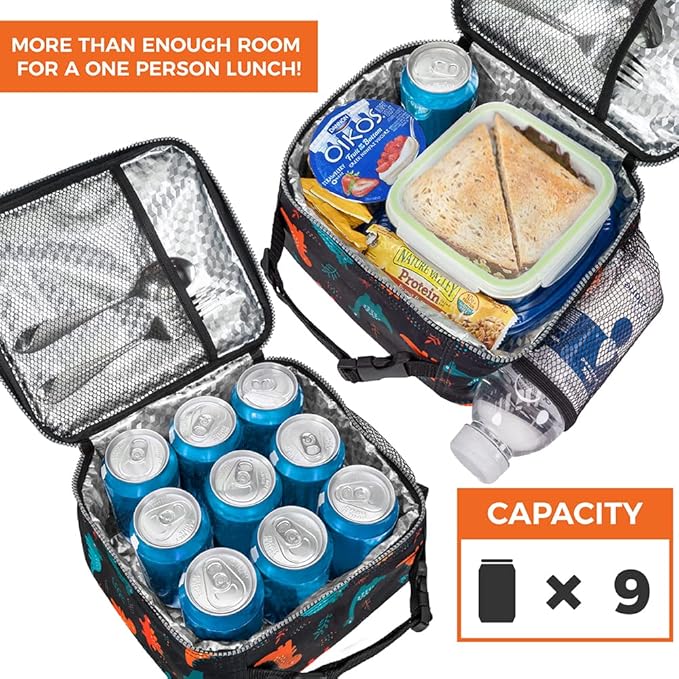opux Insulated Lunch Bag Kids, Lunch Box for School Boy Girl, Leakproof Small Reusable Compact Soft Mini Cooler Bag, Toddler Small Lunch Boxes Kit Pail with Front Side Pockets (Dinosaur)