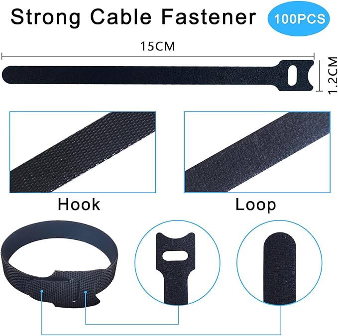 100pcs Reusable Cable Ties - Hook and Loop Cable Straps for Wire Management - 6 Inch Adjustable Cord Organizer & Wire Ties for Electronics, PC, Home Office & Garden - Black Fastening Wraps