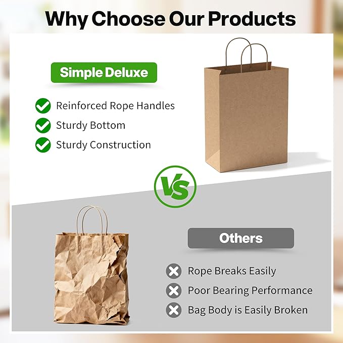 Simple Deluxe Value Pack of 50 Kraft Paper Bags with Handles (10x5x13 Inch) - Made in USA from 90GSM 100% Recycled Paper for Retail, Bulk Savings for Retail, Stores & Gift Packaging
