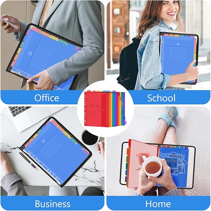 Uquelic Document Organizer, Soft PVC Binder with 12 Colorful Pockets - Zipper Binder 3 Ring with Dividers Letter Size (11'' x 8.5'')-Large Capacity Cute Folder for School, Office & Home Use (Black)