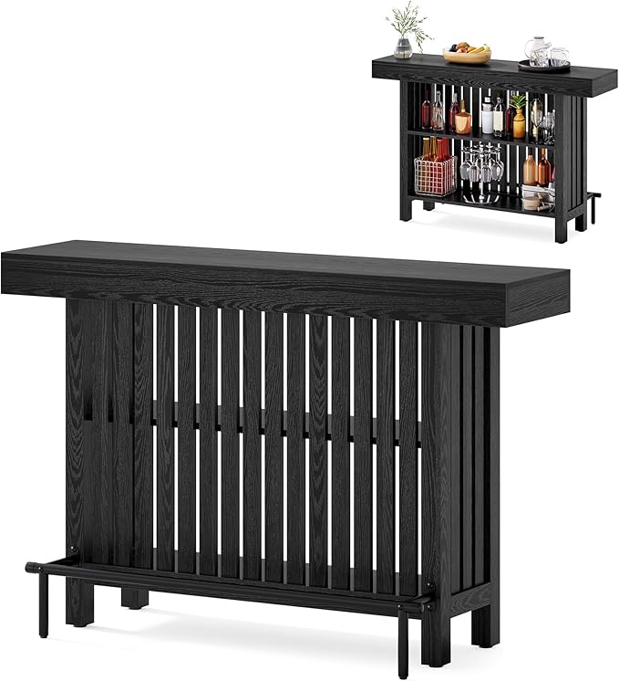 LITTLE TREE 63-Inch Home Bar Table, 2-Tier Storage Shelf Mini Bar Unit, Kitchen Pub Table, Small Indoor Bar Counter, Black