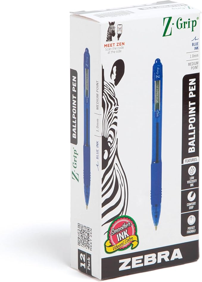 Zebra Pen Z-Grip Retractable Ballpoint Pen, Smooth-Flowing Blue Ink, 1.0mm Medium Point, School & Office Supplies, Ideal for Note-Taking, Journal and Planner Use, 12-Count (22220)