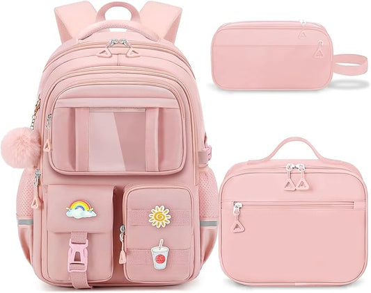 School Backpack for Girls - 5pcs Cute Girls Backpack with Lunch Box for Teens Kids Elementary Middle School - 17″ Students Bookbag Travel Back Pack for Age 6-18