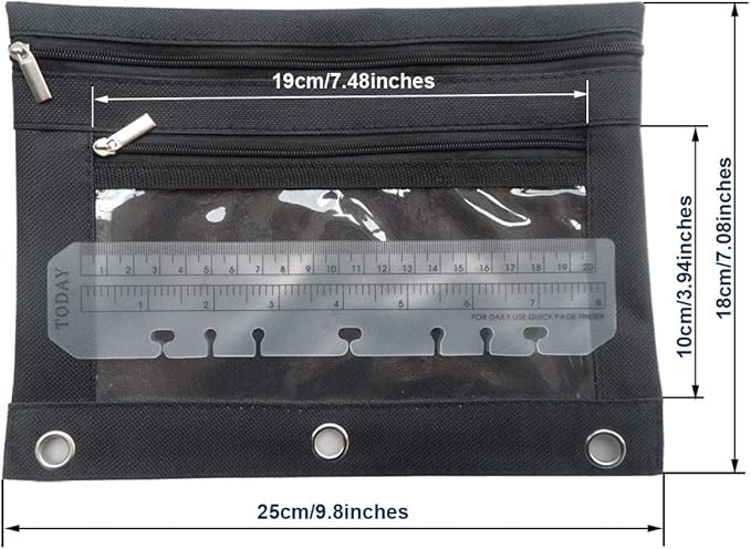 Enyuwlcm 3 Ring Binder Pencil Pouch with Durable Zipper Binder Pencil Case with Clear Window 2 Pocket Black Canvas 4 Pack