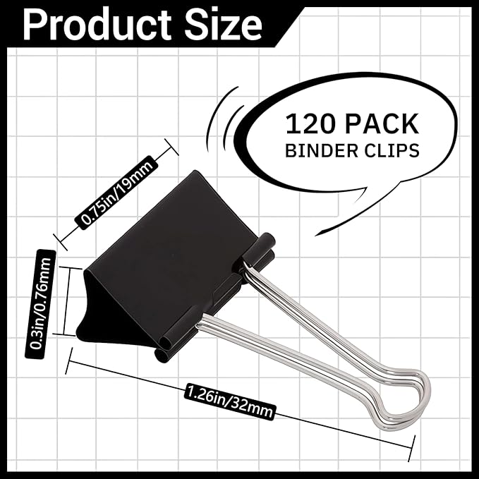 120 Pcs Small Binder Clips Black, 0.75in/19mm Mini Binder Paper Clips, Paper Clamps for Office Supplies, Home, School,Business Document Organizing