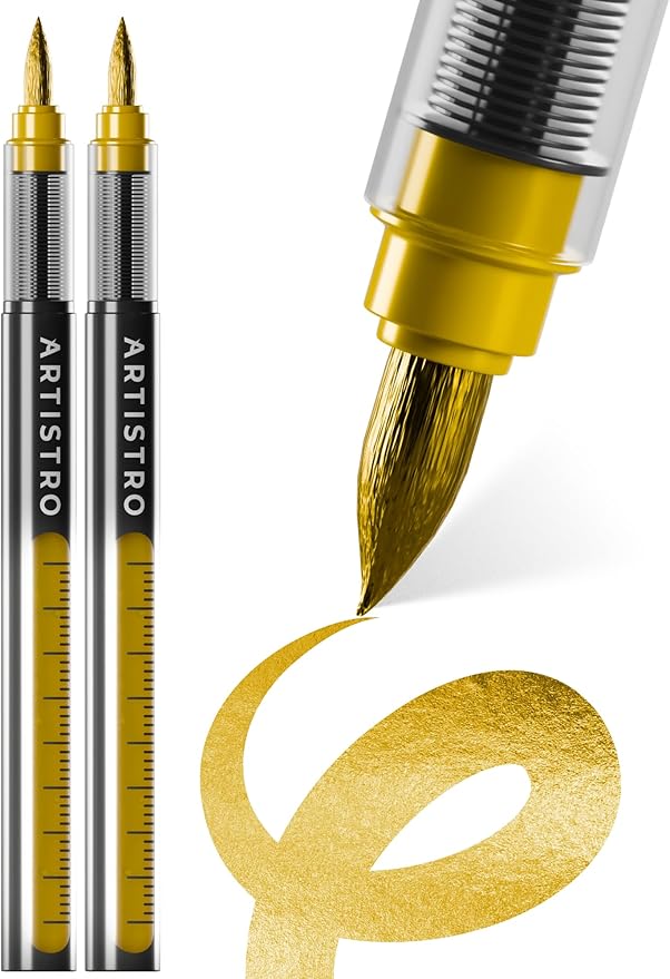 ARTISTRO 2 Gold Acrylic Paint Markers - Brush Tip Paint Pens with Automatic Ink Control System for Rock, Egg, Wood, Fabric, Glass - Perfect for Crafting, Art Projects, & More