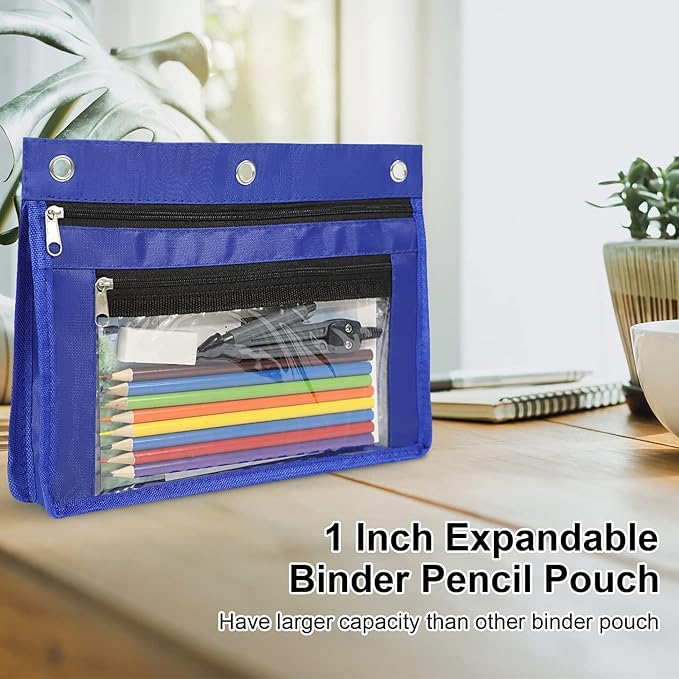 YoeeJob 6 Pack 1 Inch Expandable Zipper Pencil Pouches with Clear Window for 3 Ring Binder, Suitable for School & Office(Multicolor)