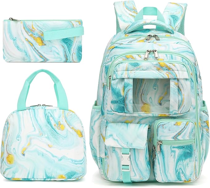 Girls School Backpack Set - Teens Kids School Bag Bookbag with Lunch Box Pencil Case for Elementary Middle School (Turquoise Marble)