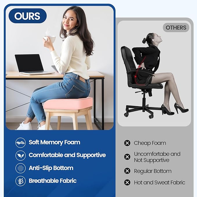 Seat Cushion for Tailbone Pain Relief, Office Chair Cushion, Memory Foam Large Chair Cushion with Non-Slip Cover for Soft Support at Office Chair, Car Seat, Airplane Pink/X-Large