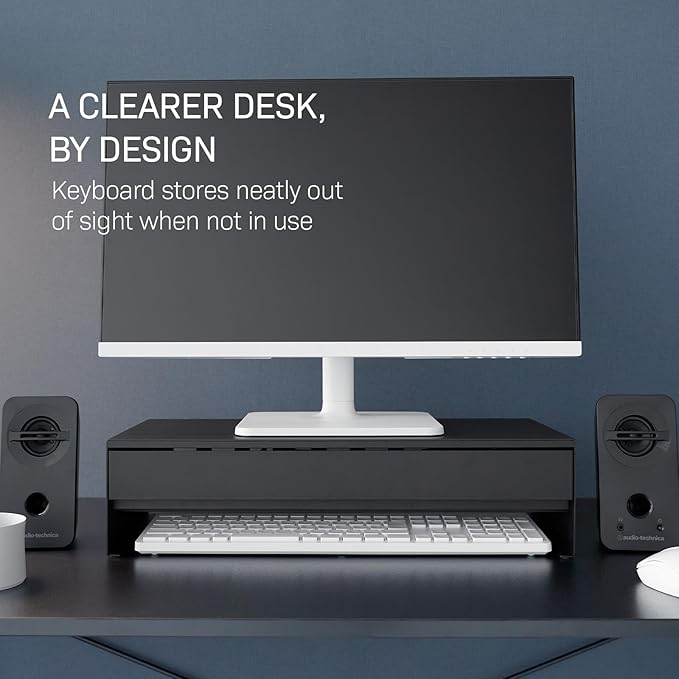 YAMAZAKI Home Tower Monitor Stand With Drawer – Monitor Riser With Storage, Desk Monitor Stand With Cable Management, Gaming Organizer, Steel, Black - Steel