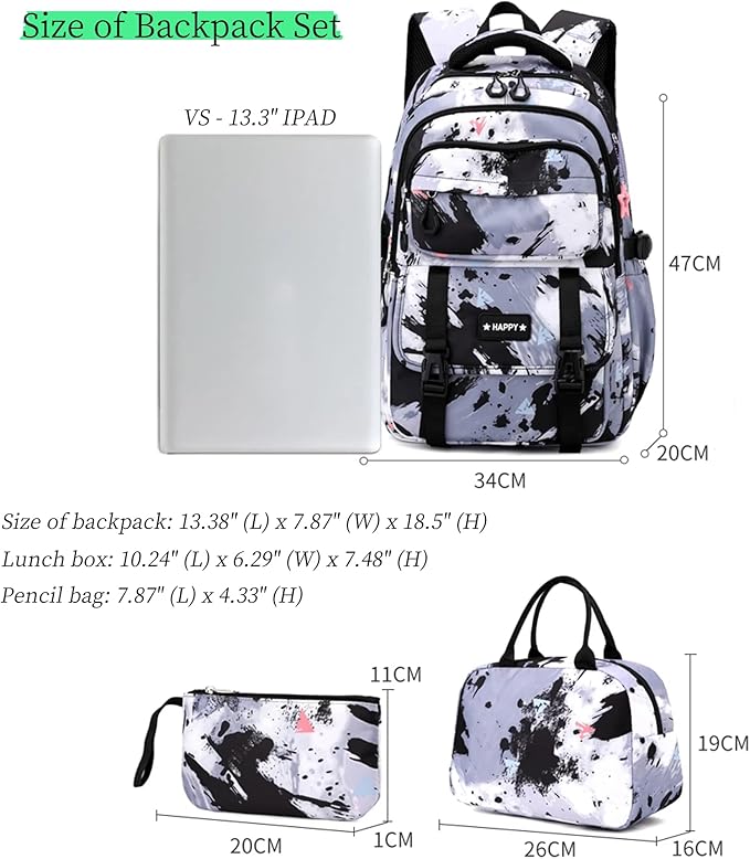 Backpack for Girls Kids Backpacks with Lunch Box Elementary Middle High School Backpacks Students Bookbag Set School Bags for Teens Girls (Black)