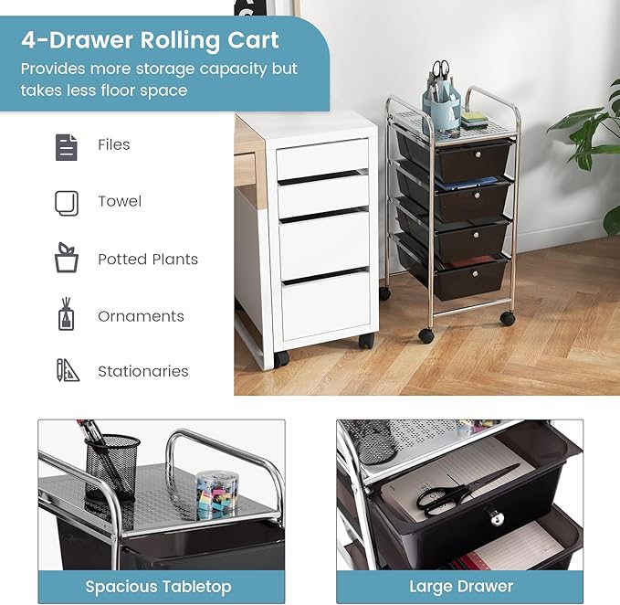 COSTWAY Rolling Storage Cart with 4 Drawers, Plastic Storage Cart and Organizer w/ 4 Removable Drawers, Multipurpose Organizer Cart for Home Scrapbook Paper Office School Tools (Black)