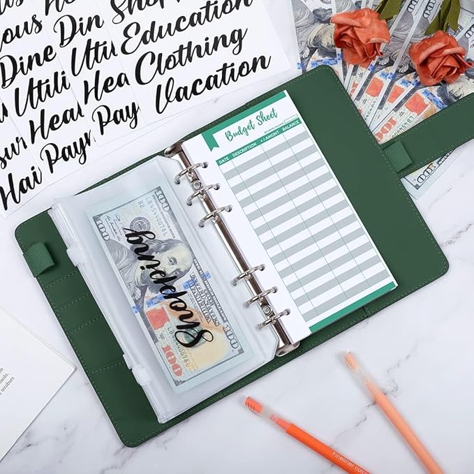 SKYDUE Budget Binder, Money Saving Binder with Zipper Envelopes, Cash Envelopes and Expense Budget Sheets for Budgeting (DarkGreen)