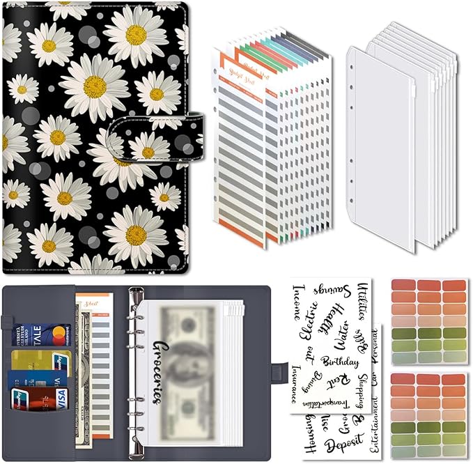 Budget Binder, Cute A6 Money Saving Binder with Zipper Envelopes, PU Leather Money Organizer for Cash, Expense Budget Sheets and Cash Envelopes for Budgeting White Daisy