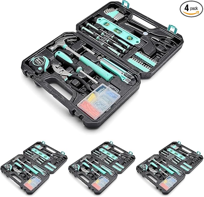Amazon Basics 142-Piece Household Tool Kit for Home Repair,Hand Tools with Storage Case,13.39 x 9.25 x 2.95 inch,Turquoise,(Pack of 4)