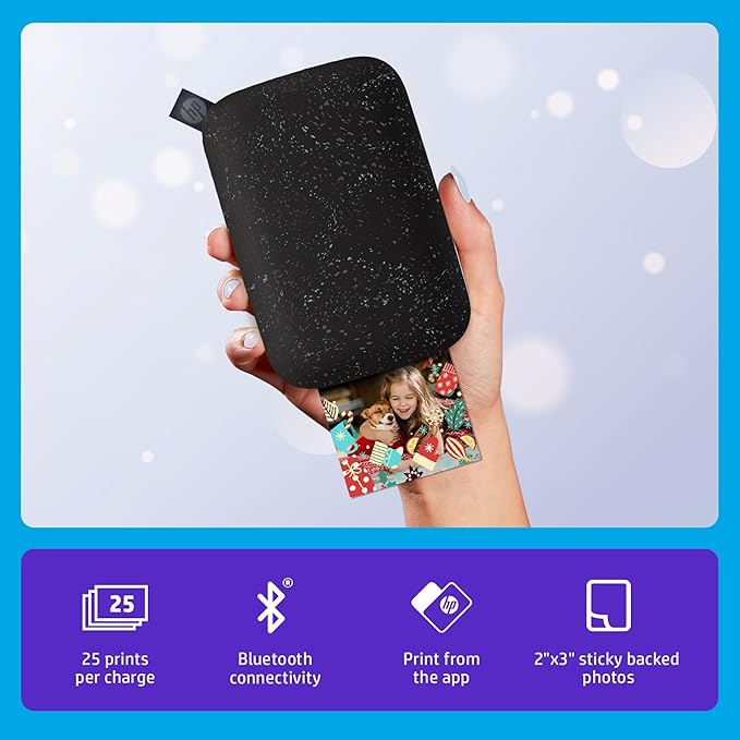 HP Sprocket Portable 2x3 Instant Photo Printer (Black Noir) Print Pictures on Zink Sticky-Backed Paper from Your iOS & Android Device.