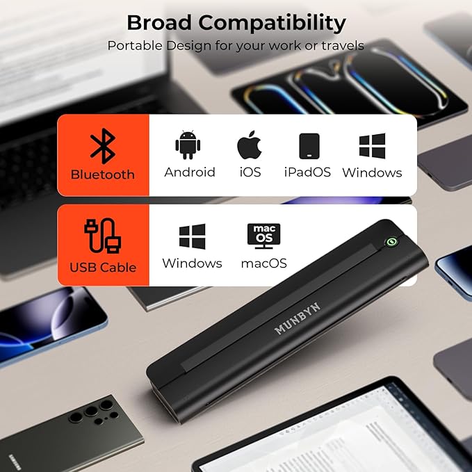 MUNBYN Portable Printer Wireless for Travel, Small Bluetooth Inkless Thermal Printer Support 8.5 x 11 US Letter & A4, Compatible with Laptop, macOS,Windows, Android & iOS for Car,Home Office & School