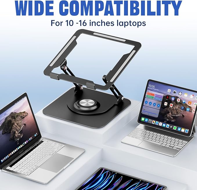 Laptop Stand for Desk, Adjustable Computer Stand with 360° Rotating Base, Ergonomic Laptop Riser for Collaborative Work, Foldable & Portable Laptop Stand, fits for All 10-16" Laptops (Black)
