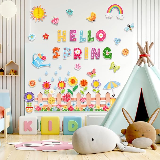 Konsait Spring Bulletin Board Decorations, 59Pcs Raindrop Flower Hello Spring Bulletin Board Decorations Set, Spring Cutouts for Classroom Office Home Wall Blackboard Door Decorations