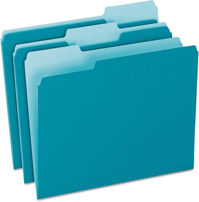 Pendaflex Colored File Folders, 100 Pack, Letter Size (8.5" x 11"), Durable Teal Folders, 3 Tabs for Easy Labeling, Colorful School, Office & Home Document Organization