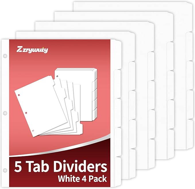 Binder Dividers with Tabs for 3 Ring Binder, 8.5 x 11 Paper Binder Dividers with Tabs 5 Tab Dividers for 3 Ring Binder, 4 Sets Page Dividers for School, Office and Home, 20 Dividers