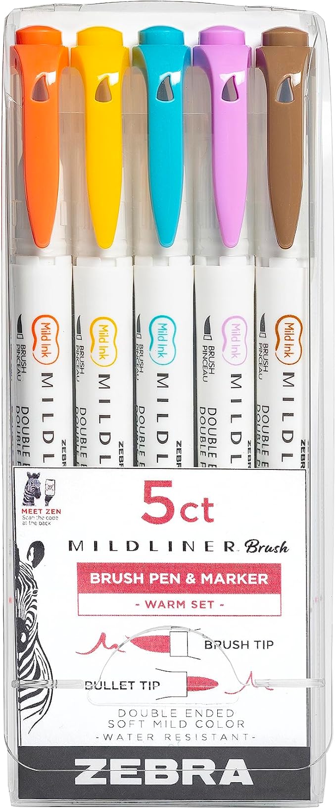 Zebra Pen, Mildliner Dual-Ended Brush Pens, Warm Color Palette, 5 Assorted Colors, Brush and Fine Tips, No Bleed-Through, Water-Resistant Ink for Calligraphy, Journaling, Planners, 5-Pack (79305)