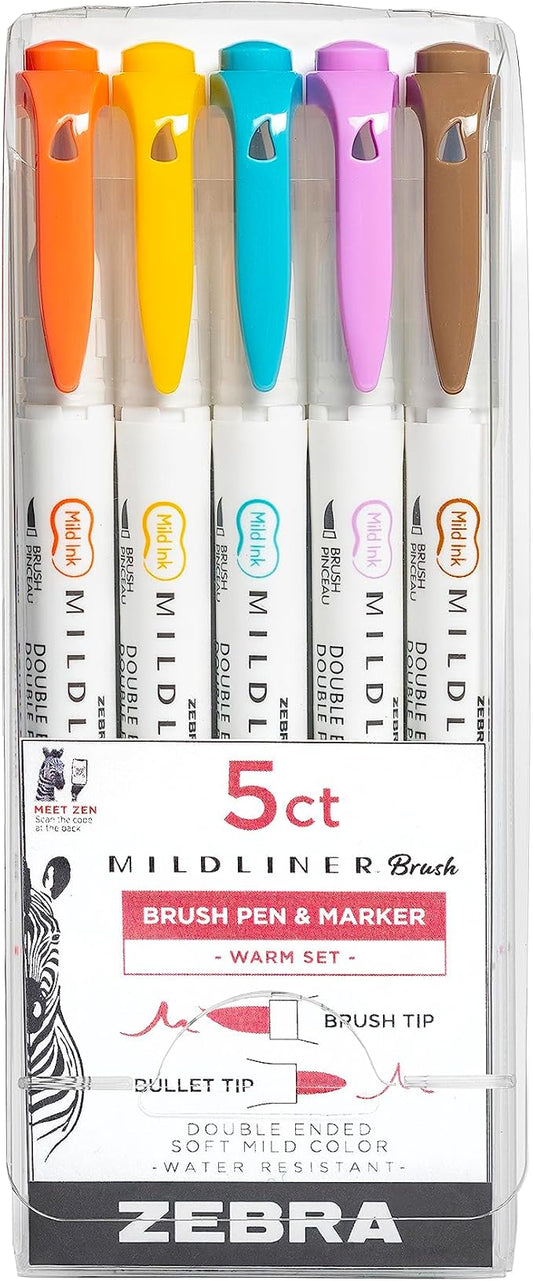 Zebra Pen, Mildliner Dual-Ended Brush Pens, Warm Color Palette, 5 Assorted Colors, Brush and Fine Tips, No Bleed-Through, Water-Resistant Ink for Calligraphy, Journaling, Planners, 5-Pack (79305)