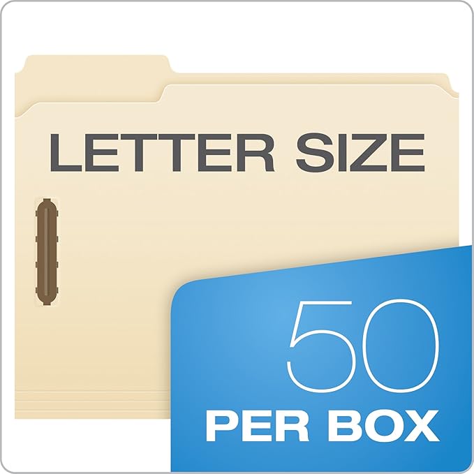 Pendaflex Fastener File Folders, 2 Fasteners, Pockets with Prongs, File Organizers for School, Home and Office, Letter Size, Manila, 1/3 Cut Tabs, in Left, Right, Center Positions, 50 Per Box (FM213)