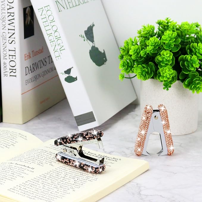 Multibey Rhinestone Staple Remover, Handmade Bling Crystal Gold Cute Staple Remover Tool for Desk, Dazzling Staples Puller Tool Mini Office Supplies & Desk Accessories for Women Office (2 Pcs)
