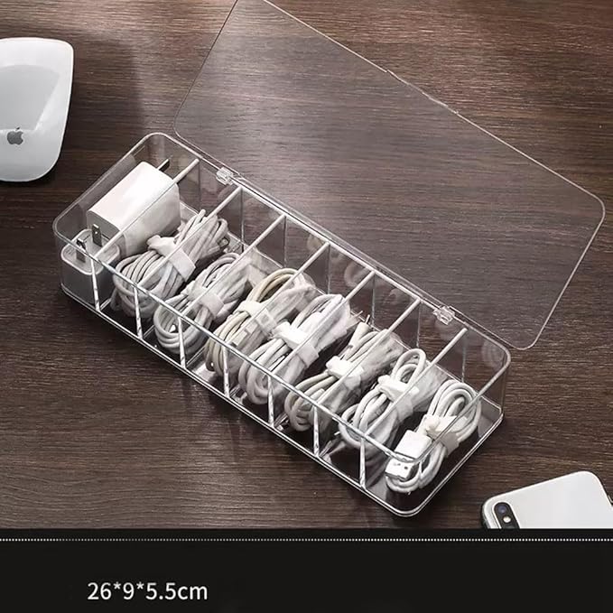 Clear Cable Management Box with Lid, 26x9x5.5cm, Desktop Cord Organizer with Compartments (1, 10.2 x 3.5 x 2.2)