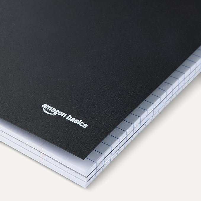 Amazon Basics College Ruled Spiral Notebook, Poly Cover, 3 Subject, 150 Sheets, 9" x 11", Black, 1 pack