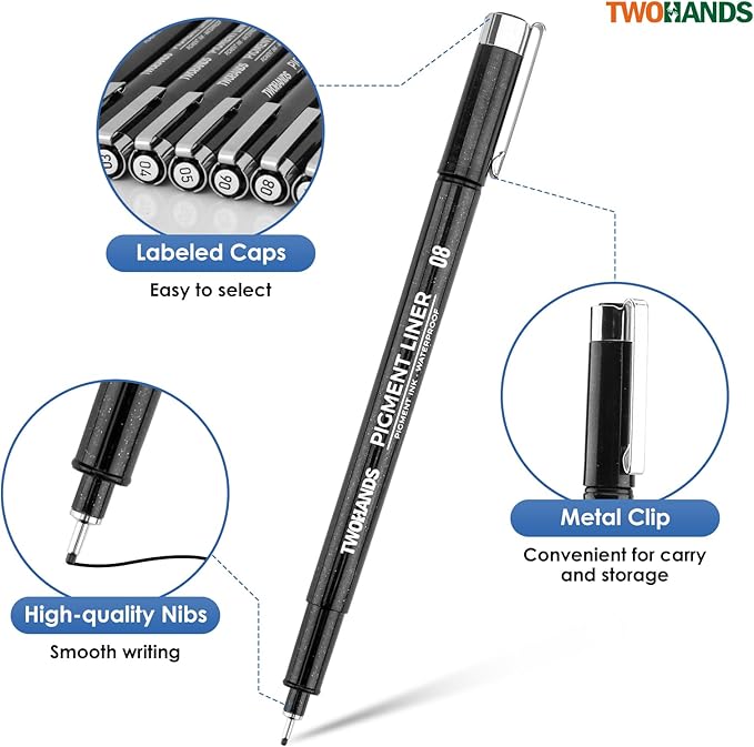 TWOHANDS Art Pen Drawing Marker Pens Fineliners Set of 16 Technical Drawing Marker,Pigment,Black,for Art Watercolor,Sketching,Anime,Manga, 21274